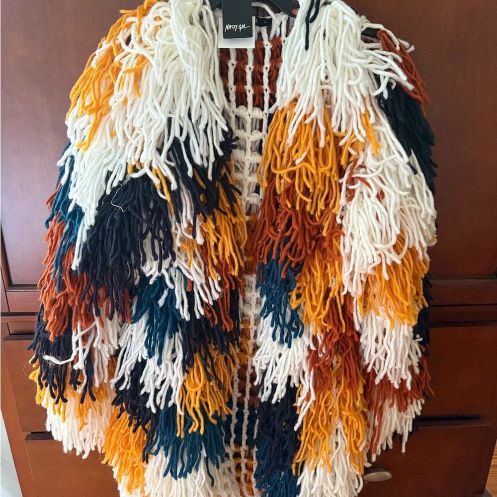 Nasty Gal Multi-Color Fringe Knit Jacket — Cream, Mustard, Rust, Teal, Black